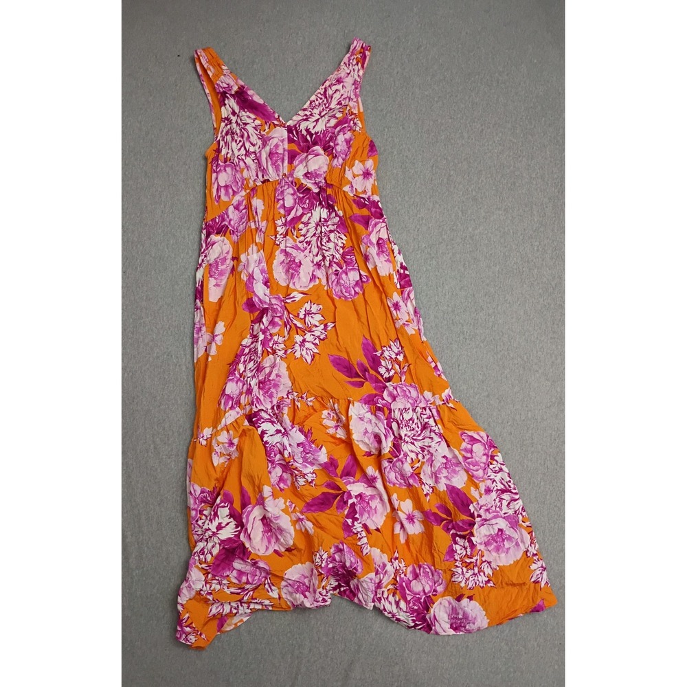 Anthropologie Orange Pink Floral Tiered Maxi Dress Sleeveless V-Neck Petite S
